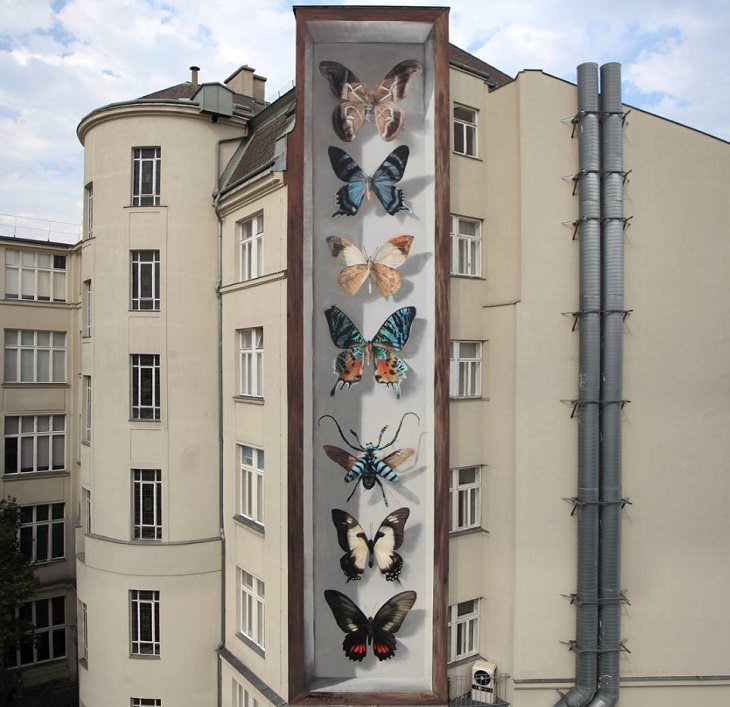 Hyper realistic butterfly specimen exhibits and displays painted as murals by street artist Mantra across the world, Wiener Schmetterlinge, in Austria