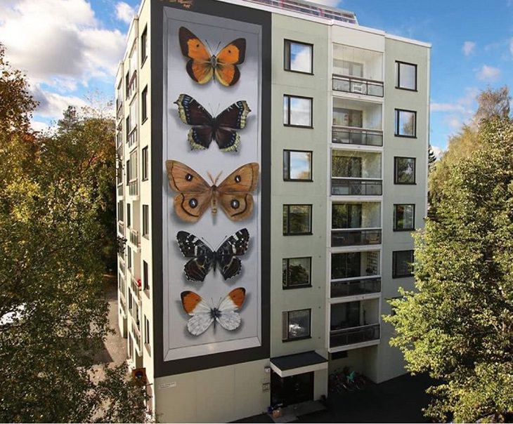 Hyper realistic butterfly specimen exhibits and displays painted as murals by street artist Mantra across the world, Hyvinkään perhosia, in Finland