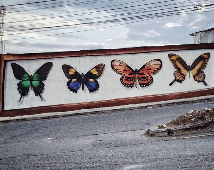 Hyper realistic butterfly specimen exhibits and displays painted as murals by street artist Mantra across the world, Mariposas del Quindío, Armenia