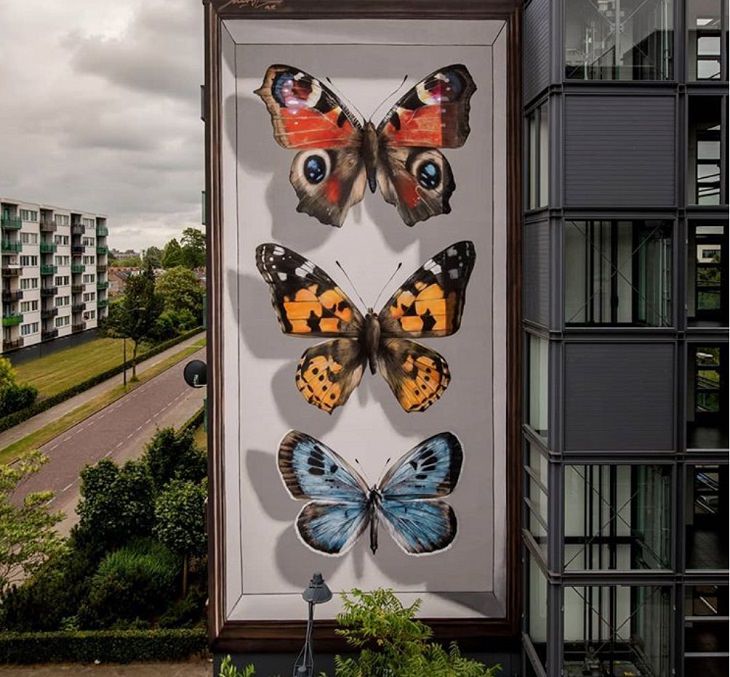 Hyper realistic butterfly specimen exhibits and displays painted as murals by street artist Mantra across the world, Vlinders van Breda, in Netherlands