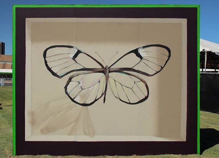 Hyper realistic butterfly specimen exhibits and displays painted as murals by street artist Mantra across the world, Las Vegas, USA, for the Life is Beautiful Festival