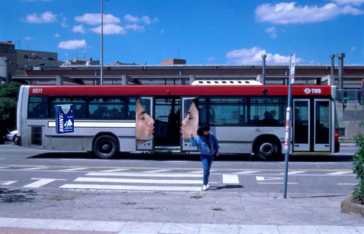 Creative and clever bus advertisements and bus art, smint, bus door opened, couple kissing