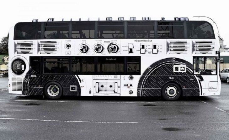 Creative and clever bus advertisements and bus art, The Boombox Bus at Arts University Bournemouth