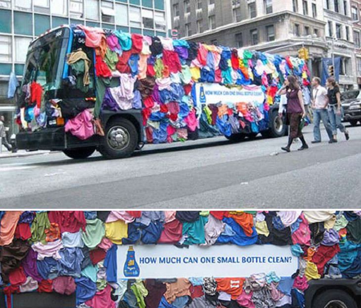 Creative and clever bus advertisements and bus art, the all laundry detergent bus covered in clothes