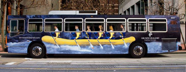 Creative and clever bus advertisements and bus art, rafting, New Zealand air