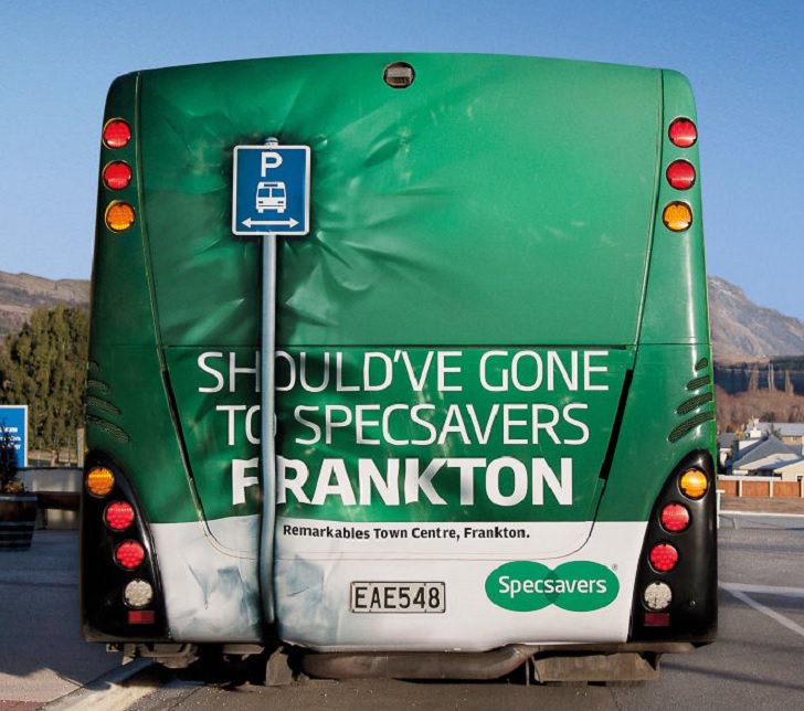 Creative and clever bus advertisements and bus art, crash, specsavers frankton