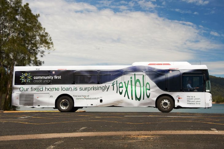 Creative and clever bus advertisements and bus art, The Flexible bus courtesy of Community First Credit Union