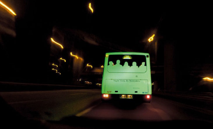 Creative and clever bus advertisements and bus art, The glow in the dark bus: Night View, By Mercedes