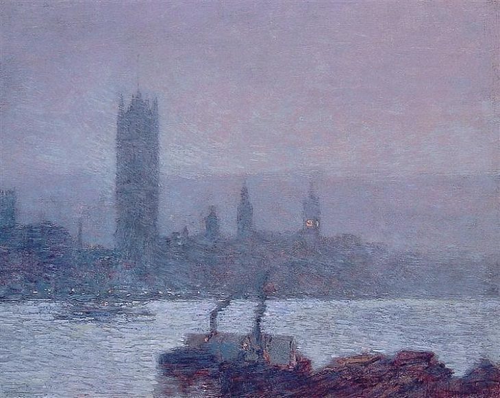 Impressionist paintings from American artist Frederick Childe Hassam, Houses of Parliament, Early Evening, 1898