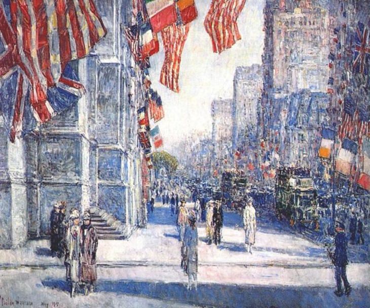 Impressionist paintings from American artist Frederick Childe Hassam, Early morning on the avenue in May, 1917