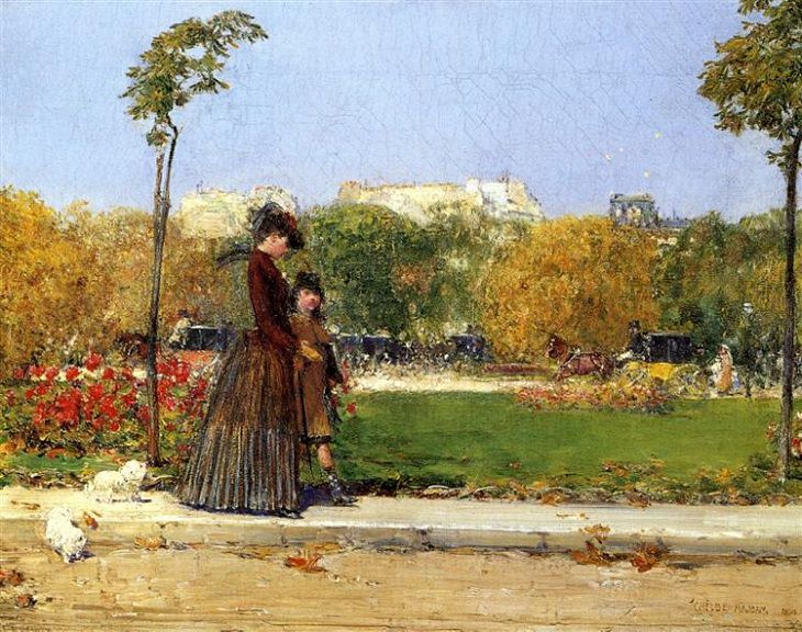 Impressionist paintings from American artist Frederick Childe Hassam, In the Park, Paris, 1889