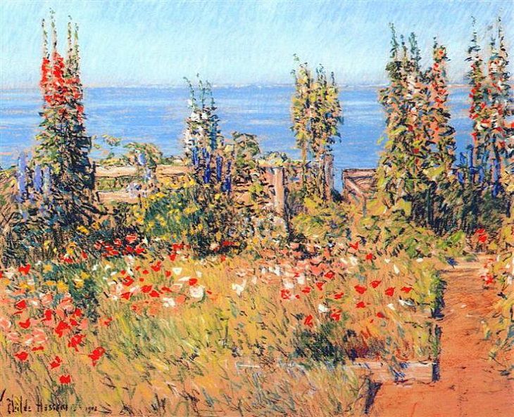 Impressionist paintings from American artist Frederick Childe Hassam, Hollyhocks, Isles of Shoals, 1902