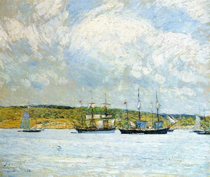 Impressionist paintings from American artist Frederick Childe Hassam, A Parade of Boats, 1895