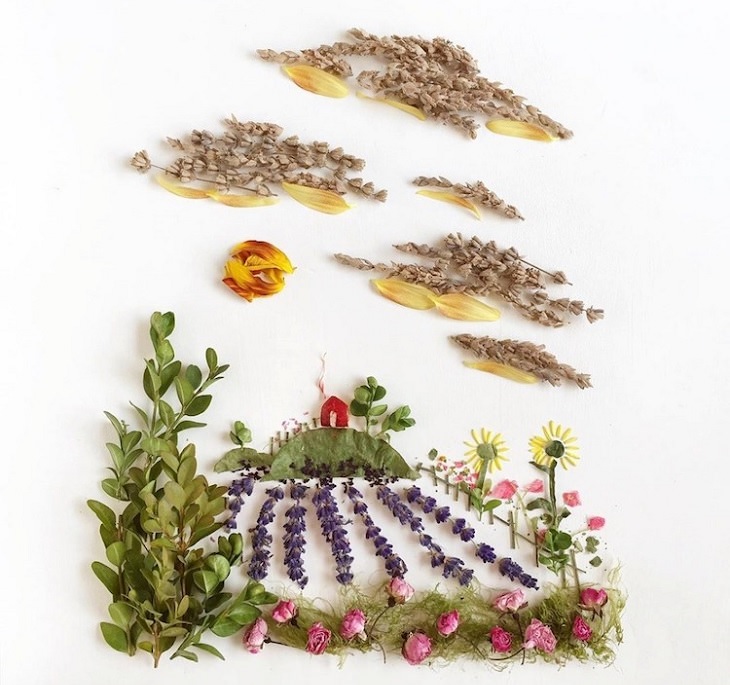 Botanical illustrations of landscapes and scenery made from recycled leaves and flowers by Bridget Beth Collins, aka Flora Forager, Lavender