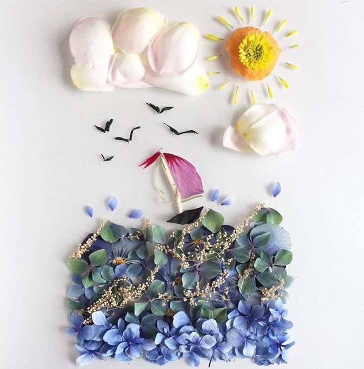 Botanical illustrations of landscapes and scenery made from recycled leaves and flowers by Bridget Beth Collins, aka Flora Forager, Dreaming of summer