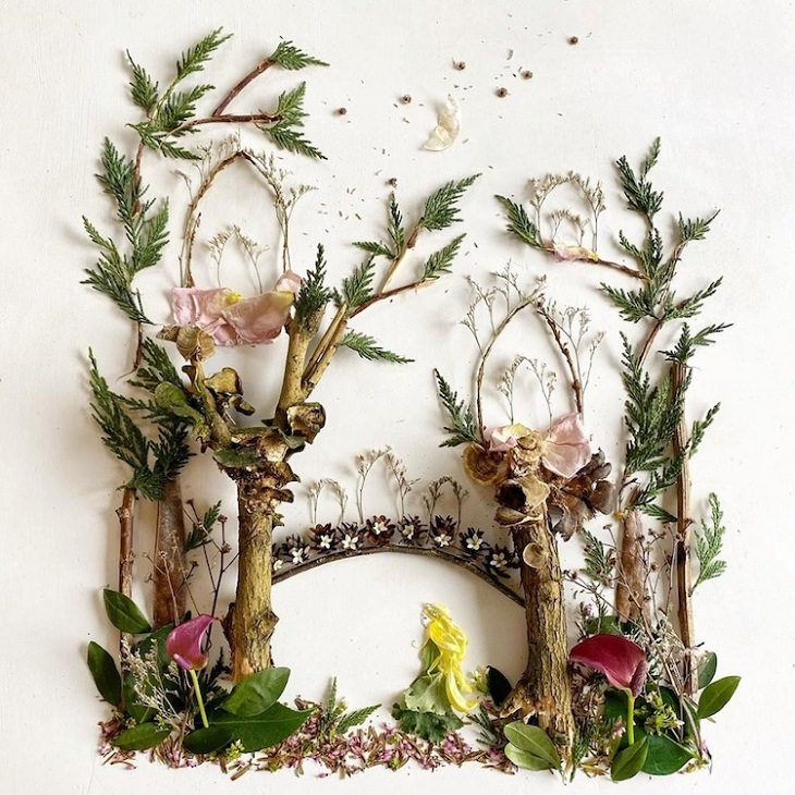 Botanical illustrations of landscapes and scenery made from recycled leaves and flowers by Bridget Beth Collins, aka Flora Forager, Elven Wood