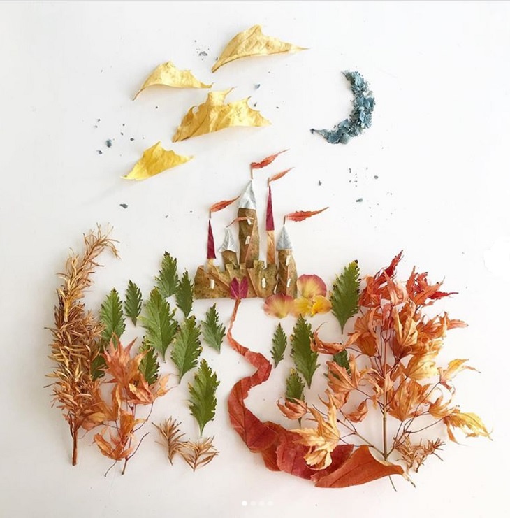 Botanical illustrations of landscapes and scenery made from recycled leaves and flowers by Bridget Beth Collins, aka Flora Forager, Kingdom