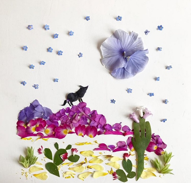 Botanical illustrations of landscapes and scenery made from recycled leaves and flowers by Bridget Beth Collins, aka Flora Forager, Desert