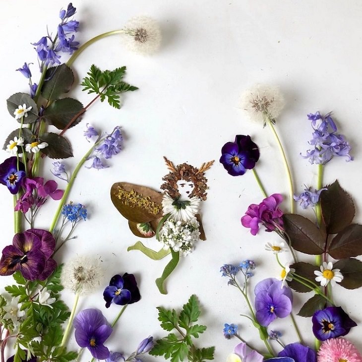 Botanical illustrations of landscapes and scenery made from recycled leaves and flowers by Bridget Beth Collins, aka Flora Forager, Moth Sprite
