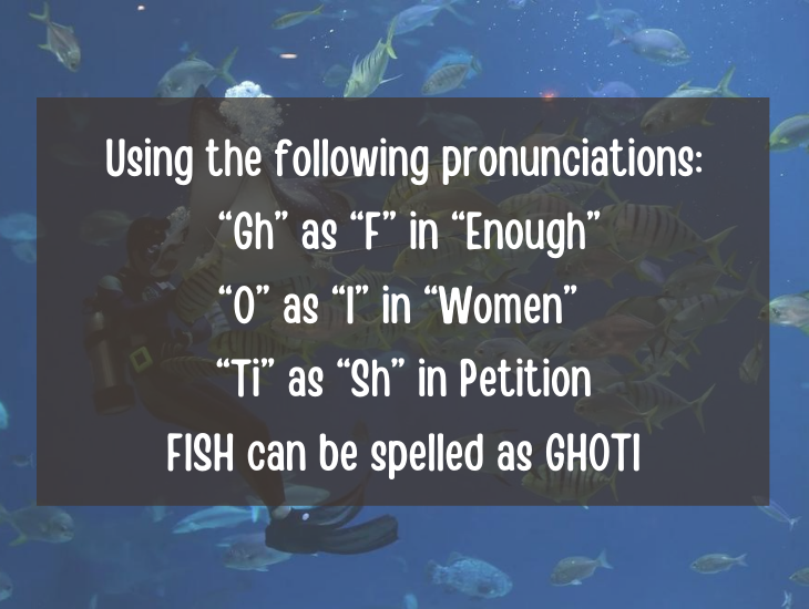 Examples and facts that show that English is a funny language, Using the following pronunciations, “Gh” as “F” in “Enough”, “O” as “I” in “Women”, “Ti” as “Sh” in Petition, FISH can be spelled as GHOTI