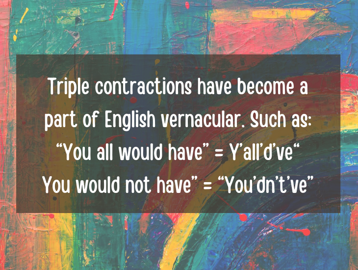 Examples and facts that show that English is a funny language, Triple contractions have become a part of English vernacular. Such as, “You all would have” = Y’all’d’ve, “You would not have” = “You’dn’t’ve”