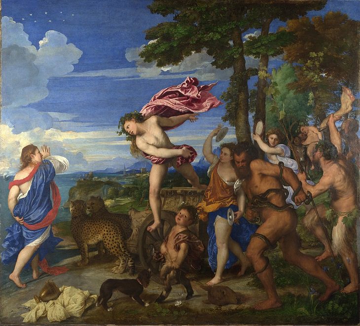 Paintings by various notable artists from different eras inspired by stories from Greek Mythology, ‘Bacchus and Ariadne’, by Titian, 1522-1523