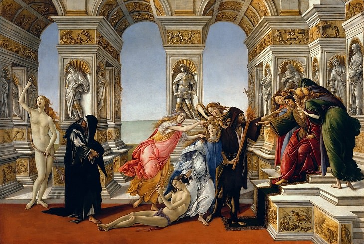 Paintings by various notable artists from different eras inspired by stories from Greek Mythology, ‘The Calumny of Apelles’, by Sandro Botticelli, 1494-1495