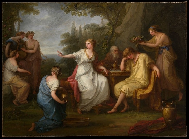 Paintings by various notable artists from different eras inspired by stories from Greek Mythology, ‘The Sorrow of Telemachus’, by Angelica Kauffman, 1783