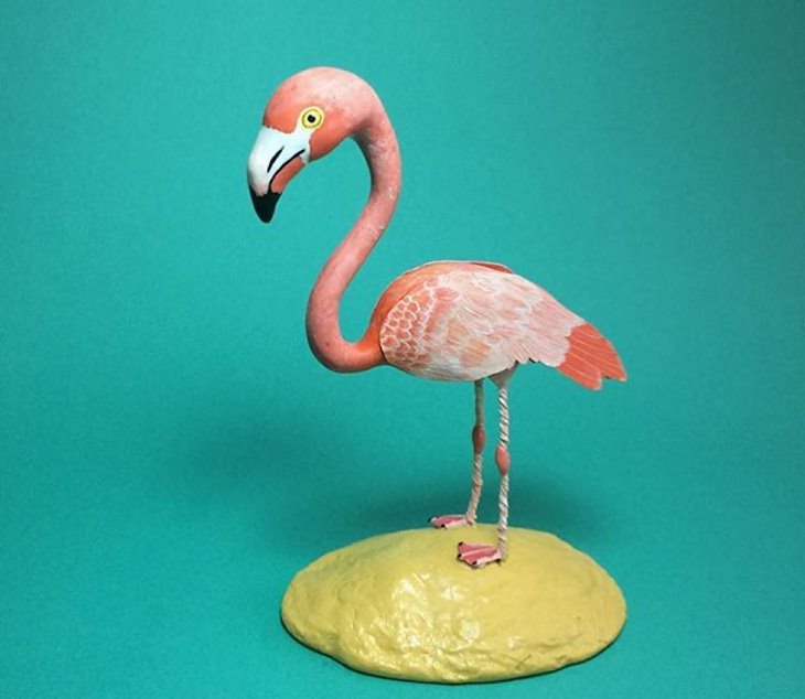 Beautiful and colorful bird sculptures made from paper, paper birds, by Indian artist Niharika Rajput, The graceful Pink Flamingo