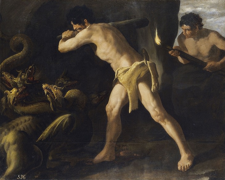 Paintings by various notable artists from different eras inspired by stories from Greek Mythology, ‘Hercules and the Hydra’, by Francisco de Zurbarán, 1634