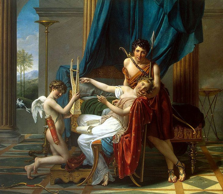 Paintings by various notable artists from different eras inspired by stories from Greek Mythology, ‘Sappho and Phaon’, by Jacques-Louis David, 1809