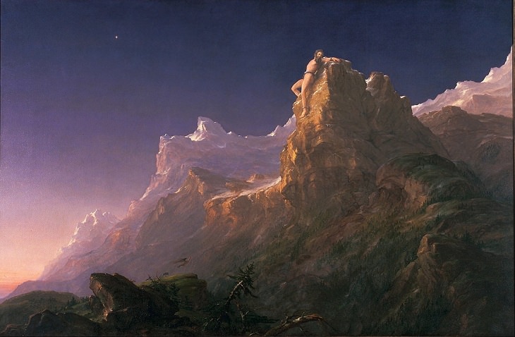 Paintings by various notable artists from different eras inspired by stories from Greek Mythology, ‘Prometheus Bound’, by Thomas Cole, 1847