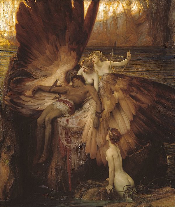 Paintings by various notable artists from different eras inspired by stories from Greek Mythology, ‘The Lament for Icarus’, by Herbert Draper, 1898