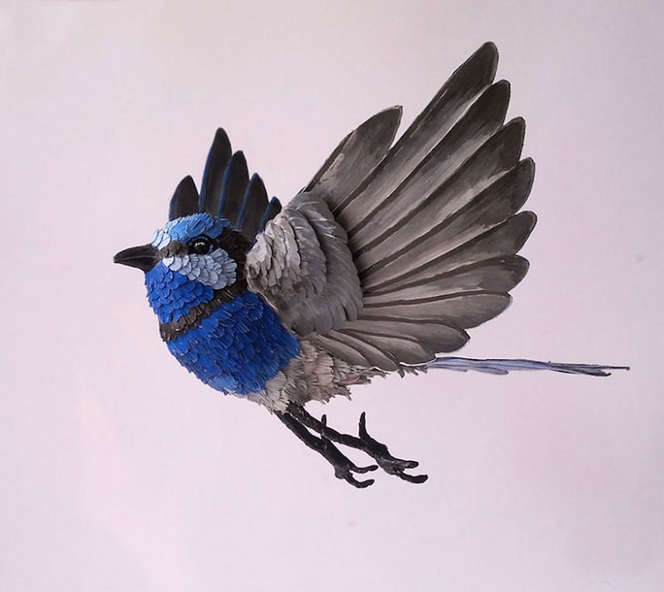 Beautiful and colorful bird sculptures made from paper, paper birds, by Indian artist Niharika Rajput, The splendid fairy wren spreads its wings
