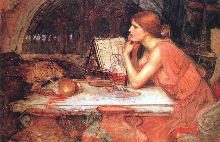 Paintings by various notable artists from different eras inspired by stories from Greek Mythology, ‘The Sorceress’, by John William Waterhouse, 1911-1915