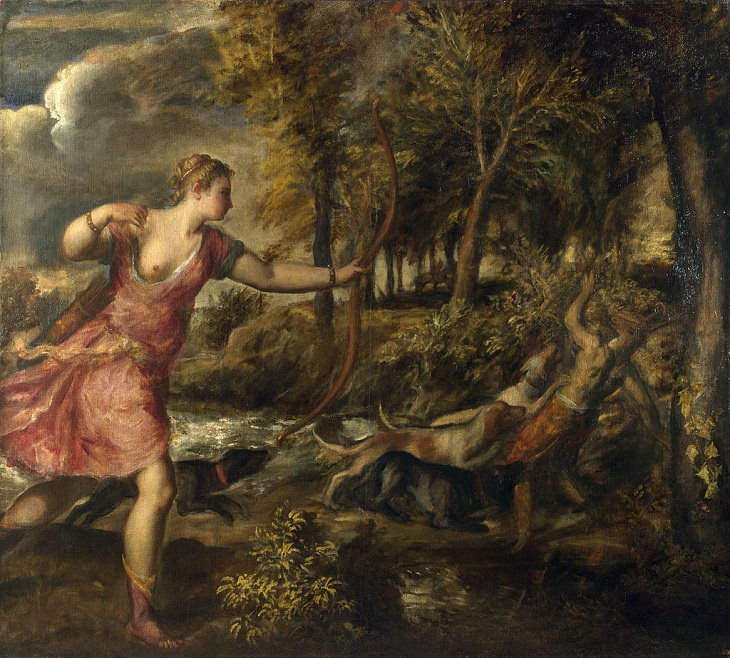 Paintings by various notable artists from different eras inspired by stories from Greek Mythology, ‘The Death of Actaeon’, by Titian, 1559