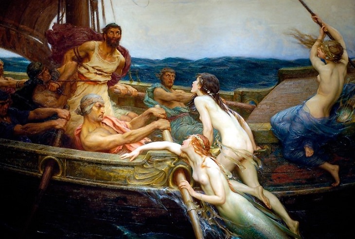 Paintings by various notable artists from different eras inspired by stories from Greek Mythology, ‘Ulysses and the Sirens’, by Herbert James Draper, 1909
