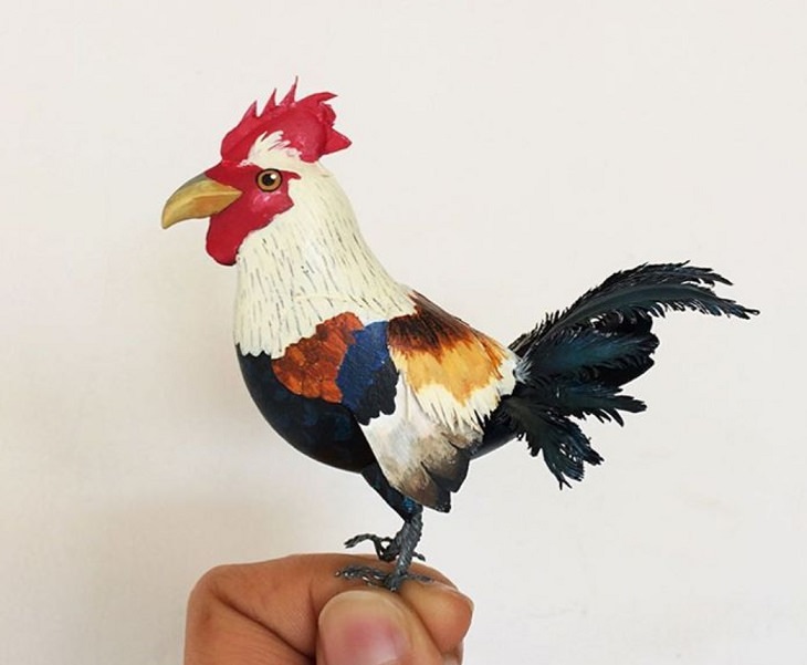 Beautiful and colorful bird sculptures made from paper, paper birds, by Indian artist Niharika Rajput, The colorful male Red Jungle fowl
