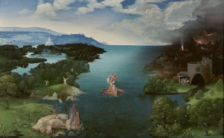 Paintings by various notable artists from different eras inspired by stories from Greek Mythology, ‘Charon Crossing the Styx’, by Joachim Patinier, 1515-1524