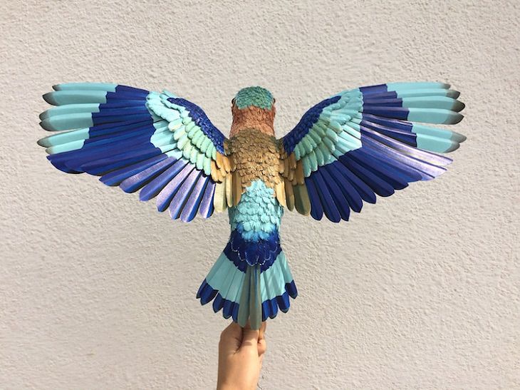 Beautiful and colorful bird sculptures made from paper, paper birds, by Indian artist Niharika Rajput, The Indian Roller’s stunning plumage