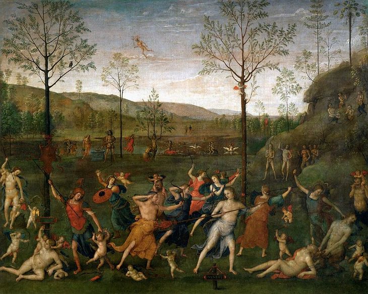 Paintings by various notable artists from different eras inspired by stories from Greek Mythology, ‘The Battle Between Love and Chastity’, by Pietro Perugino, 1503