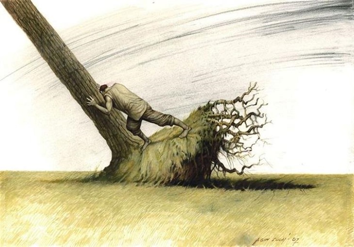 Illustrations, caricatures and other works of art by satirical Albanian artist Agim Sulaj, L'uomo E La Natura