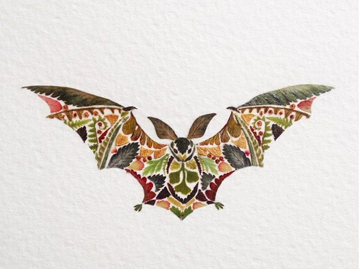 Botanical illustrations, flower art, pictures of animals made from pressed flowers and other plants from Helen Ahpornsiri, Bat made from ferns