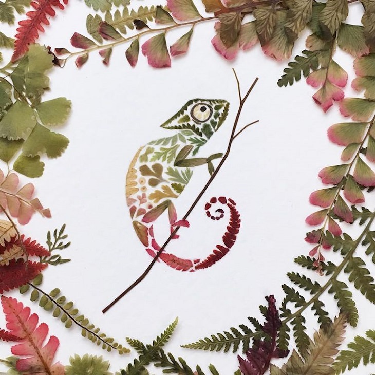 Botanical illustrations, flower art, pictures of animals made from pressed flowers and other plants from Helen Ahpornsiri, chameleon