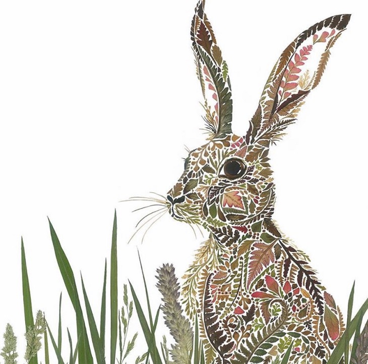 Botanical illustrations, flower art, pictures of animals made from pressed flowers and other plants from Helen Ahpornsiri, hare, rabbit