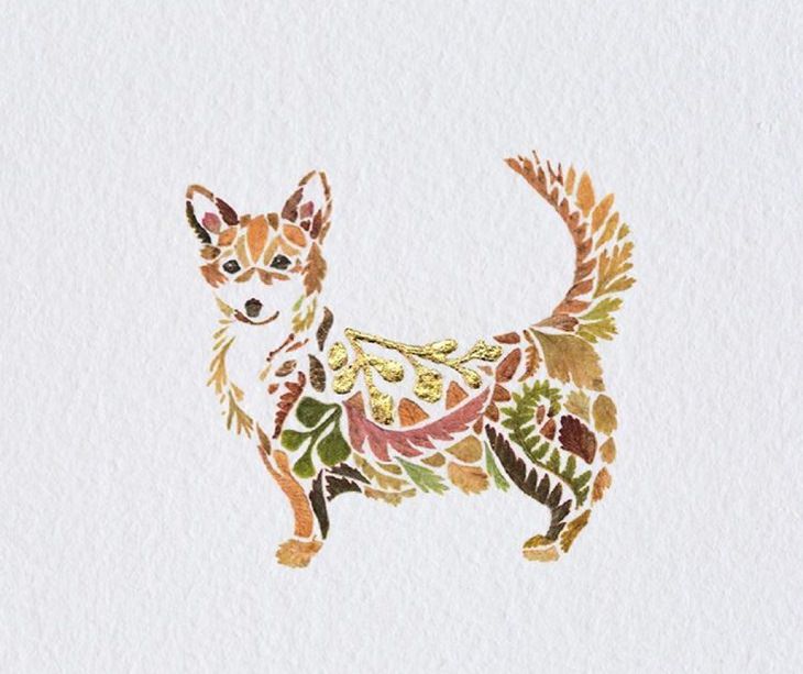 Botanical illustrations, flower art, pictures of animals made from pressed flowers and other plants from Helen Ahpornsiri, corgi, small dog