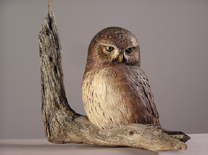 Realistic Animal Sculptures carved out of wood by woodworking Italian artist Guiseppe Rumerio, Owl
