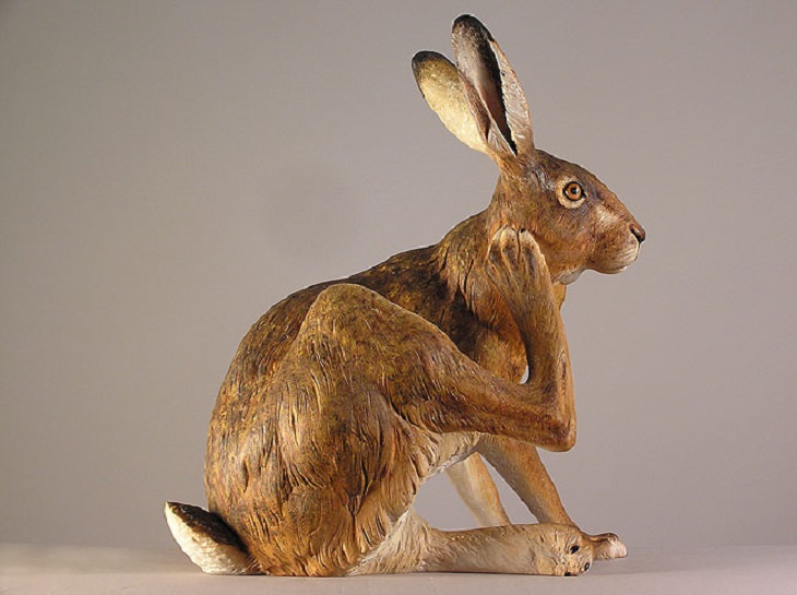 Realistic Animal Sculptures carved out of wood by woodworking Italian artist Guiseppe Rumerio, hare