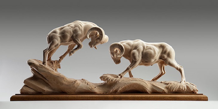 Realistic Animal Sculptures carved out of wood by woodworking Italian artist Guiseppe Rumerio, battering ram