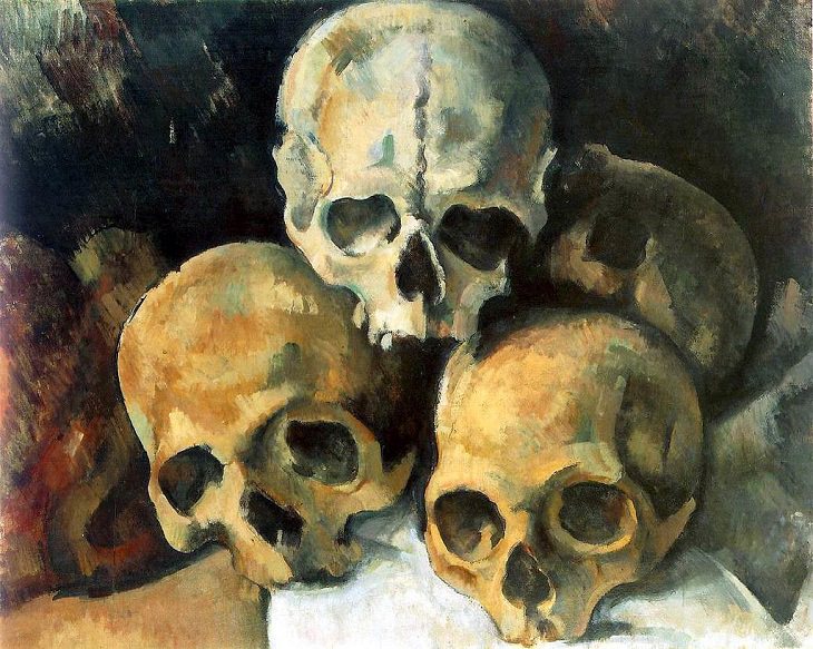 Post Impressionist works of art and paintings by highly influential French artist Paul Cézanne, the father of modern art, Pyramid of Skulls, 1901